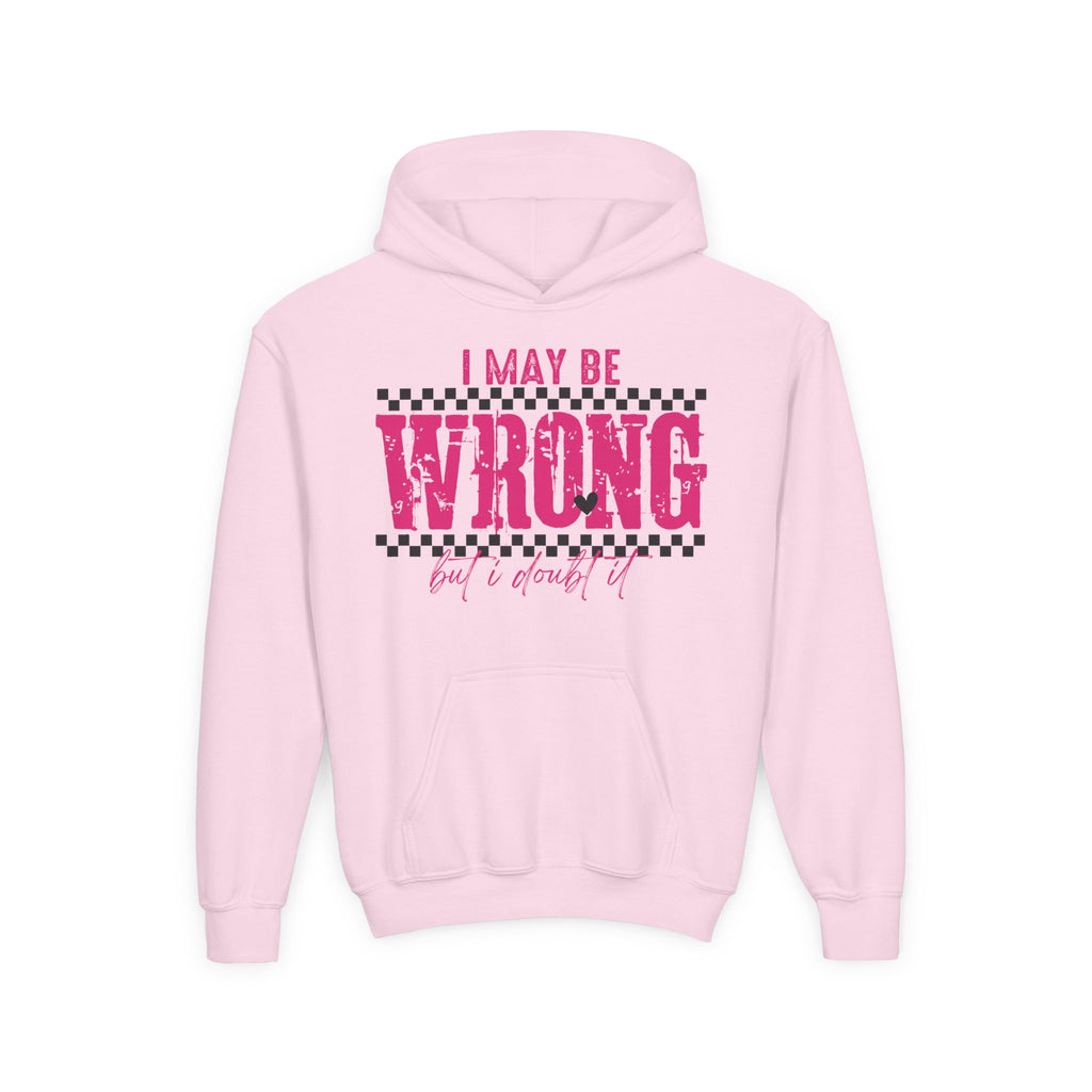 Youth Hoodie — "I May Be Wrong (But I Doubt It)" Pink Checker Graphic