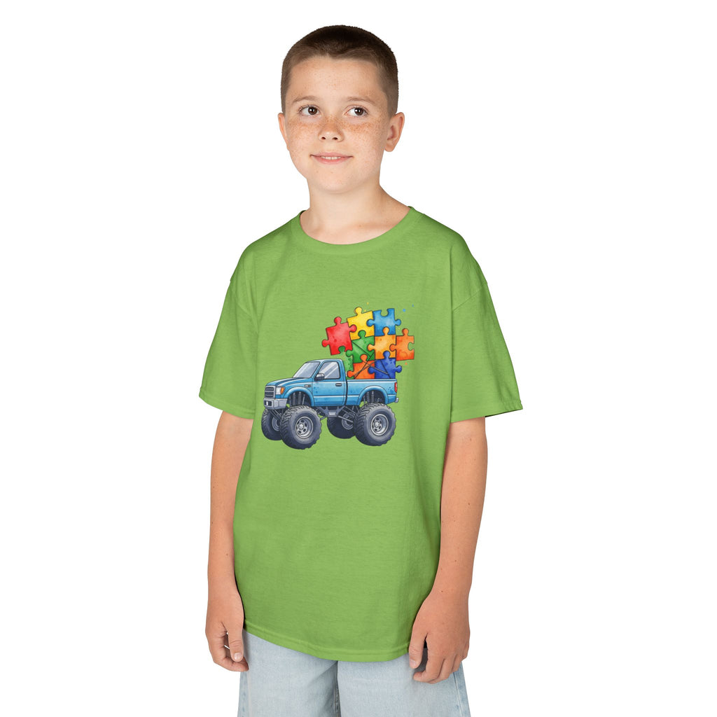 Kids Monster Truck Autism Awareness T‑Shirt — Puzzle Piece Ride