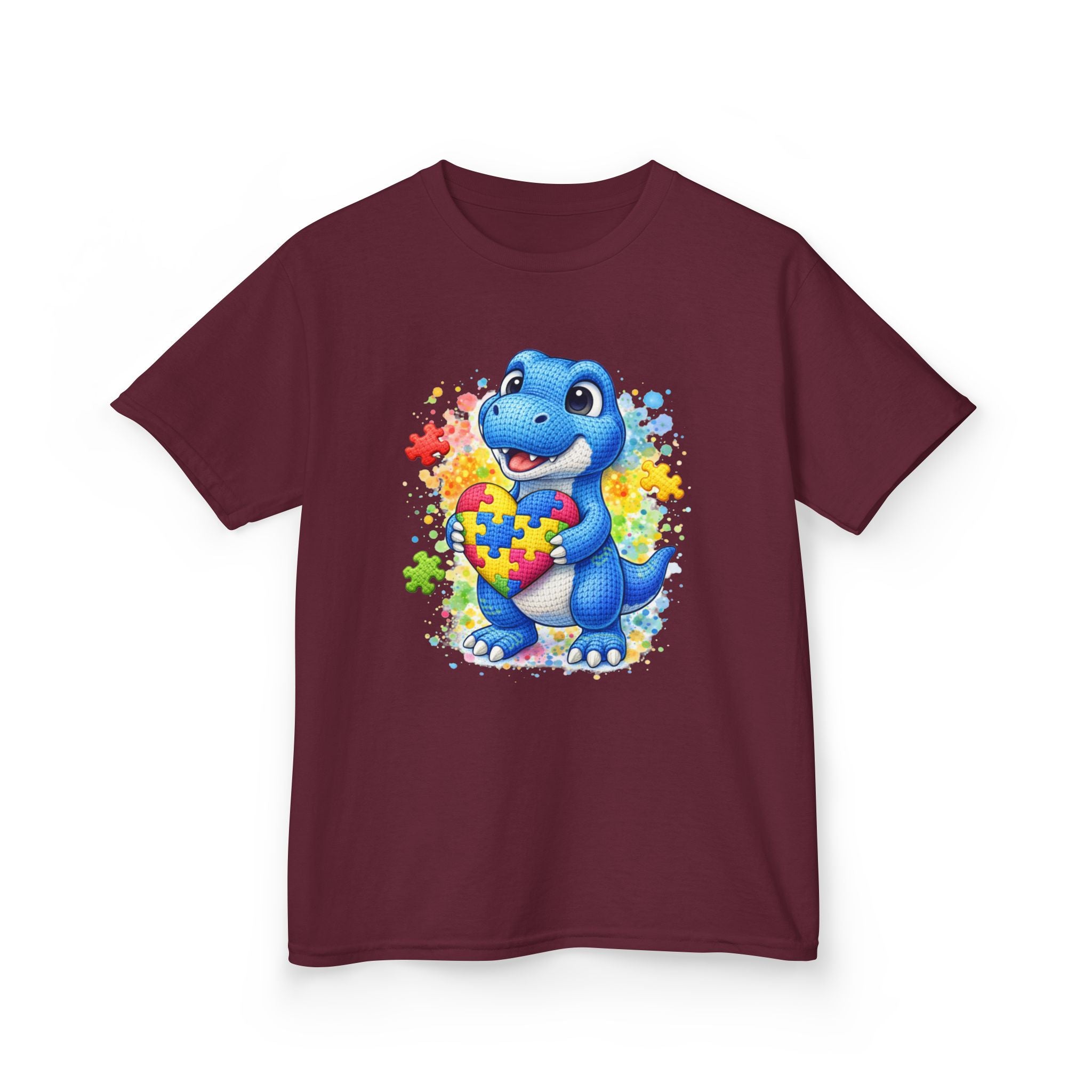 Kids T‑Shirt — Cute Blue Dinosaur Holding Puzzle Heart (Autism Awareness)
