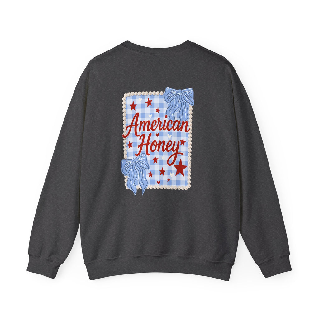 Double-sided American Honey Crewneck Sweatshirt — Patriotic Blue Ribbon Stars Pullover