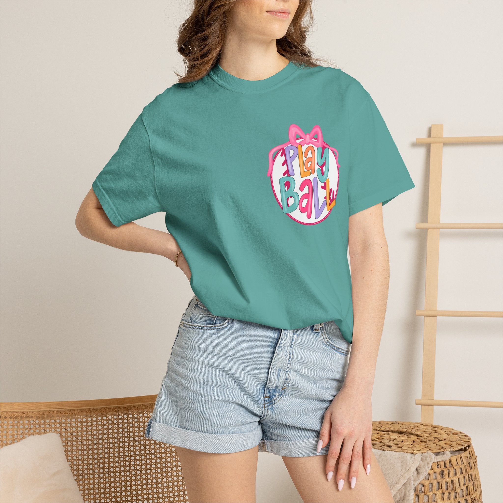 Softball Tee — "Play Ball" Front & "Pitch, Batter, Batter, Swing" Heart Back