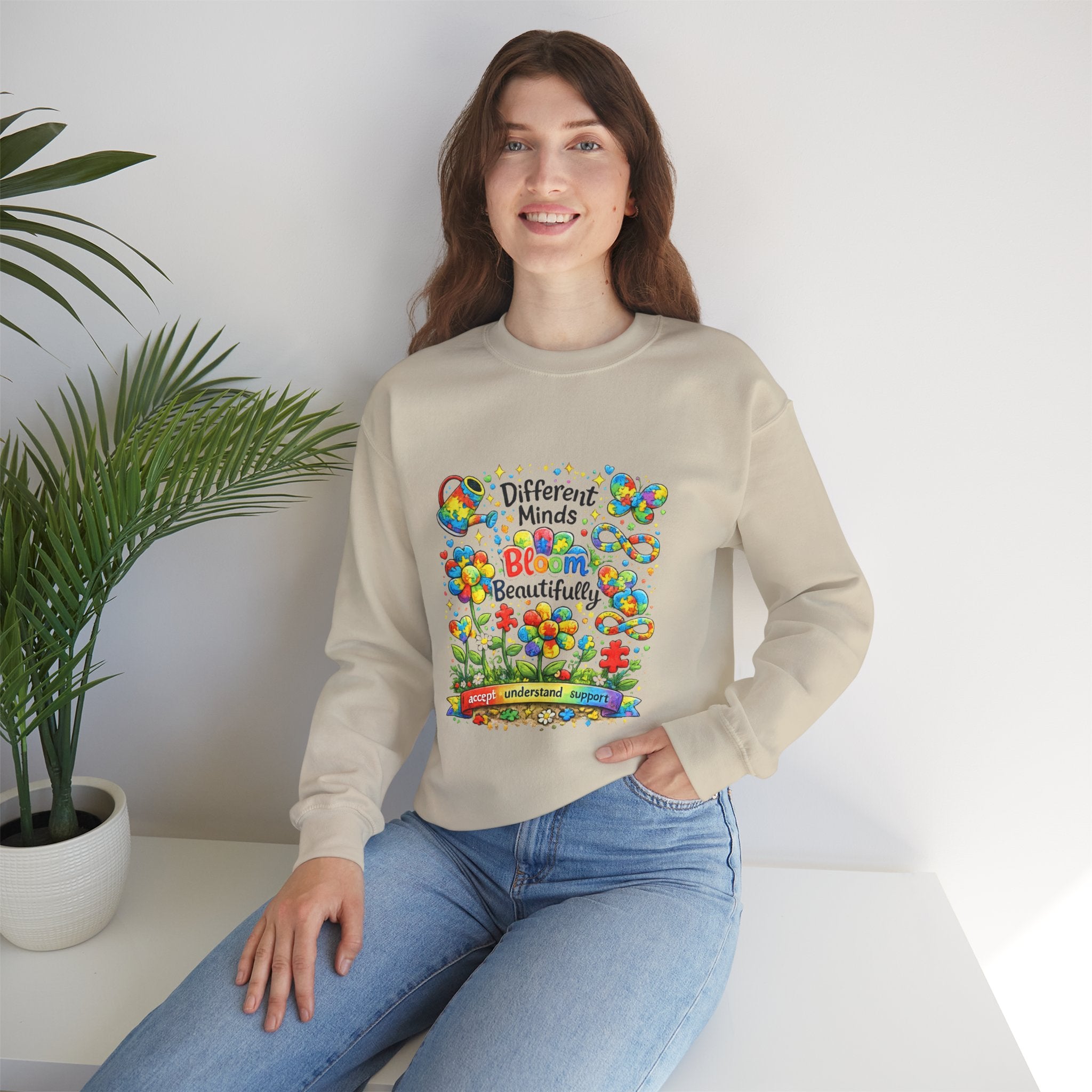 Autism Awareness Crewneck Sweatshirt — “Different Minds Bloom Beautifully” Colorful Puzzle Flower Design