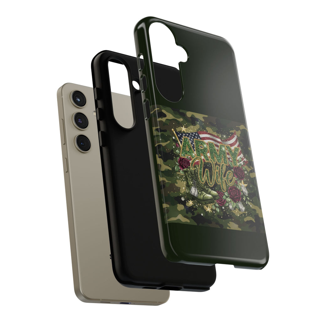 Army Wife Tough Phone Case — Camo Flag Design with Roses