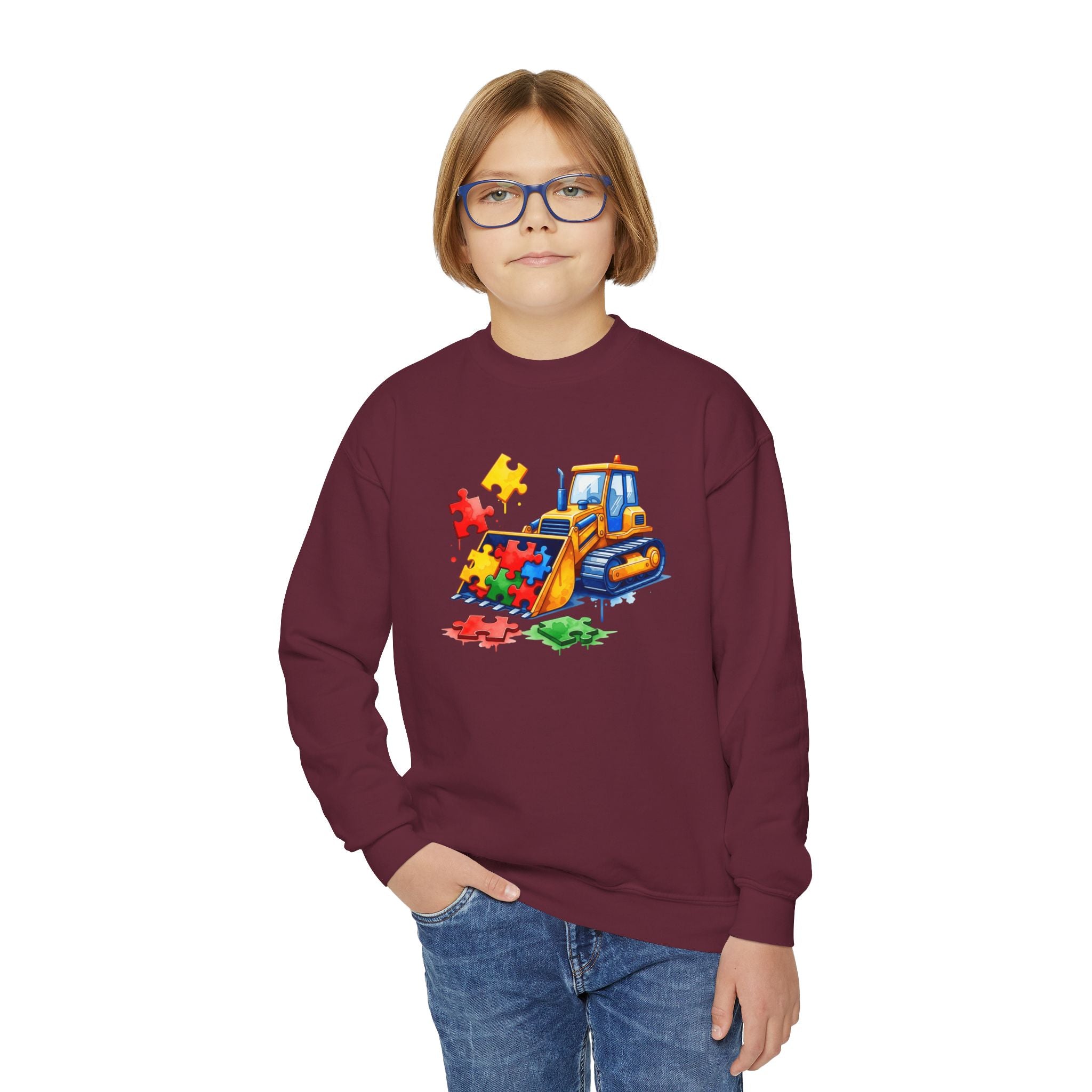 Kids Bulldozer Autism Puzzle Crewneck Sweatshirt