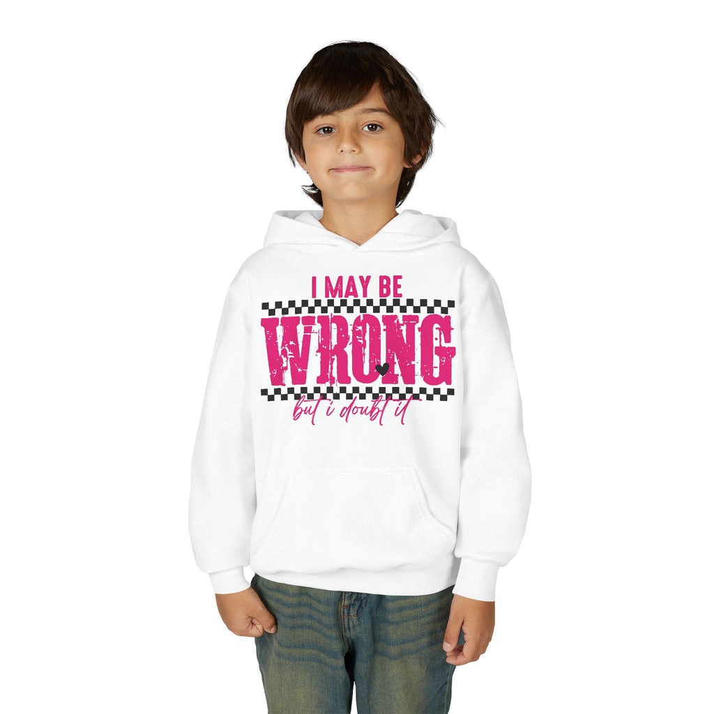 Youth Hoodie — "I May Be Wrong (But I Doubt It)" Pink Checker Graphic