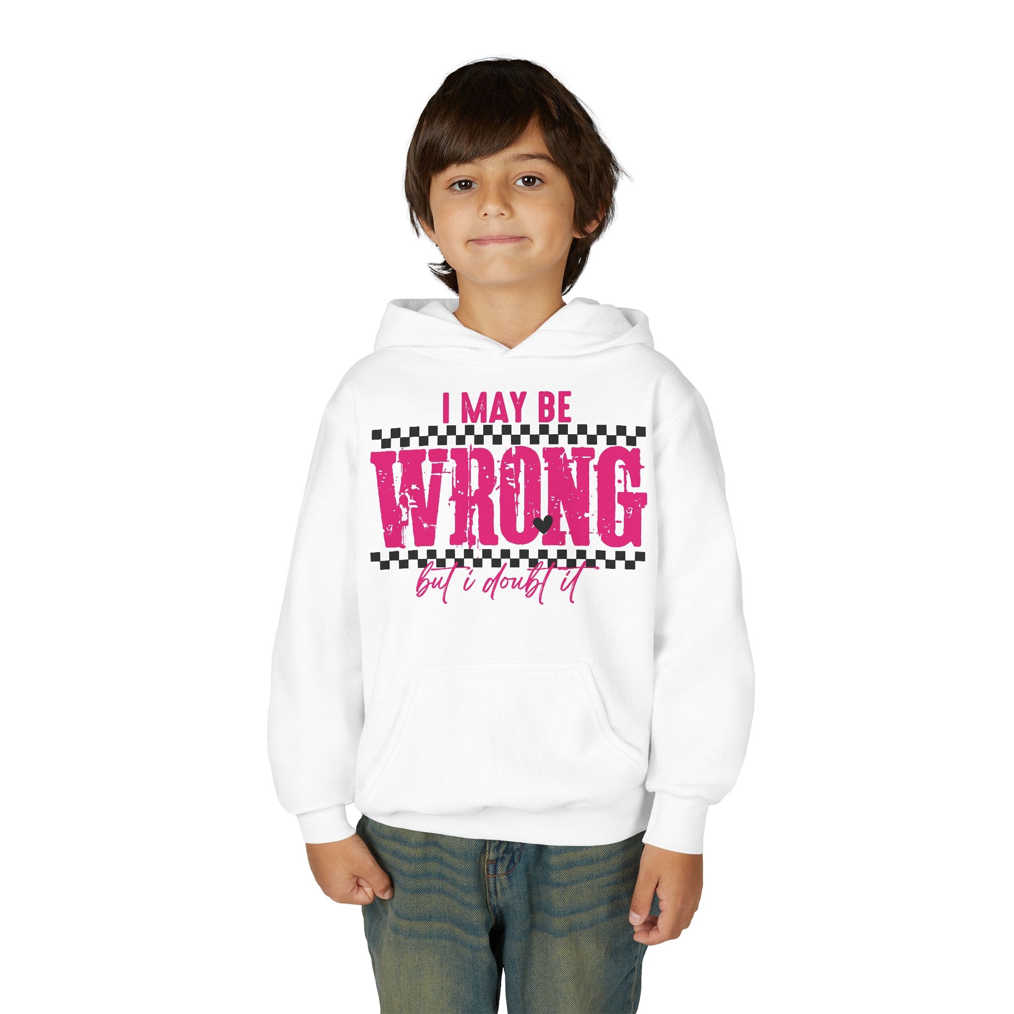 Youth Hoodie — "I May Be Wrong (But I Doubt It)" Pink Checker Graphic