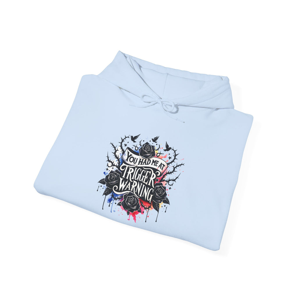 Trigger Warning Graphic Hoodie — Edgy Drip Paint Design