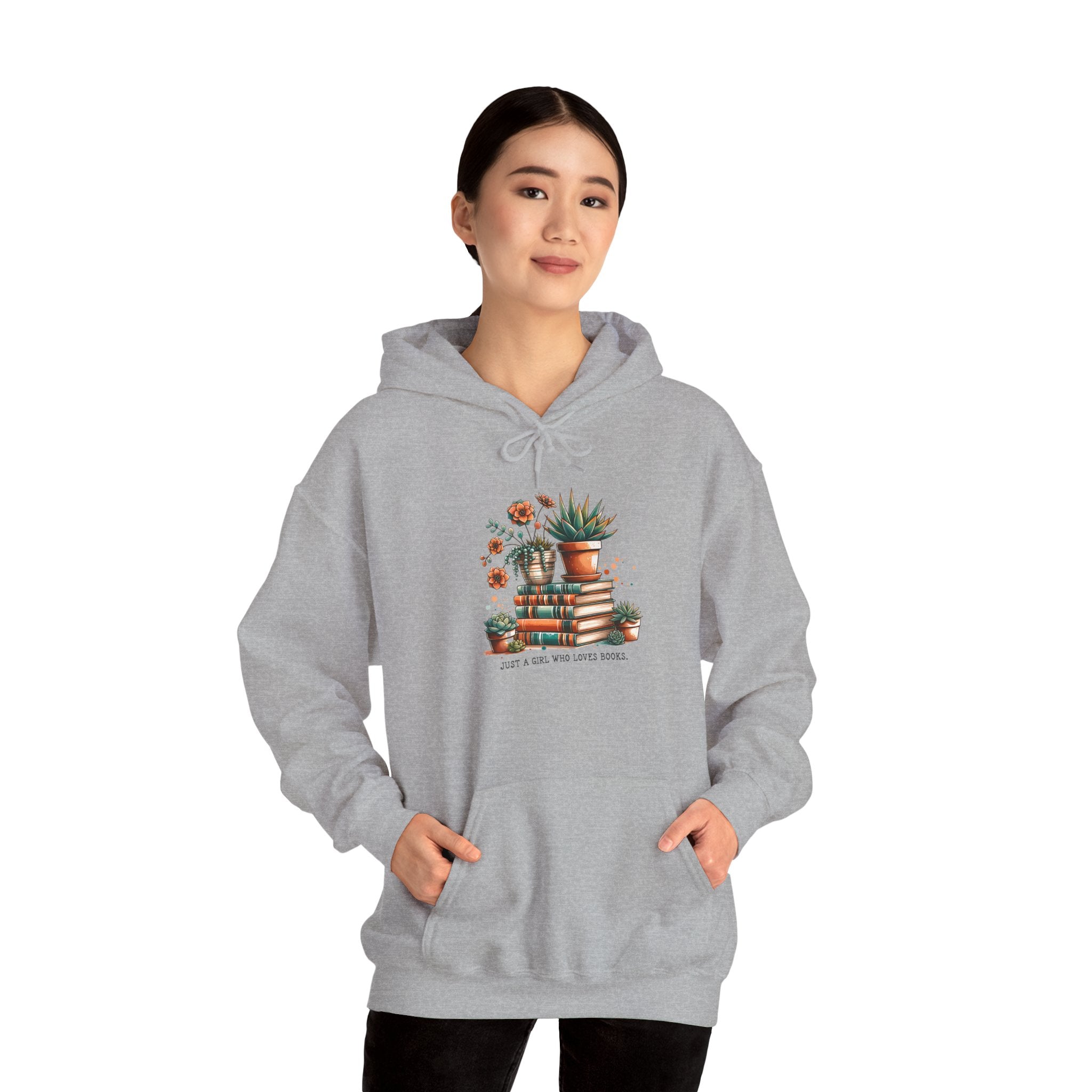 Plant Lover Hoodie – 'Plant Lady With Books' Cozy Botanical Pullover
