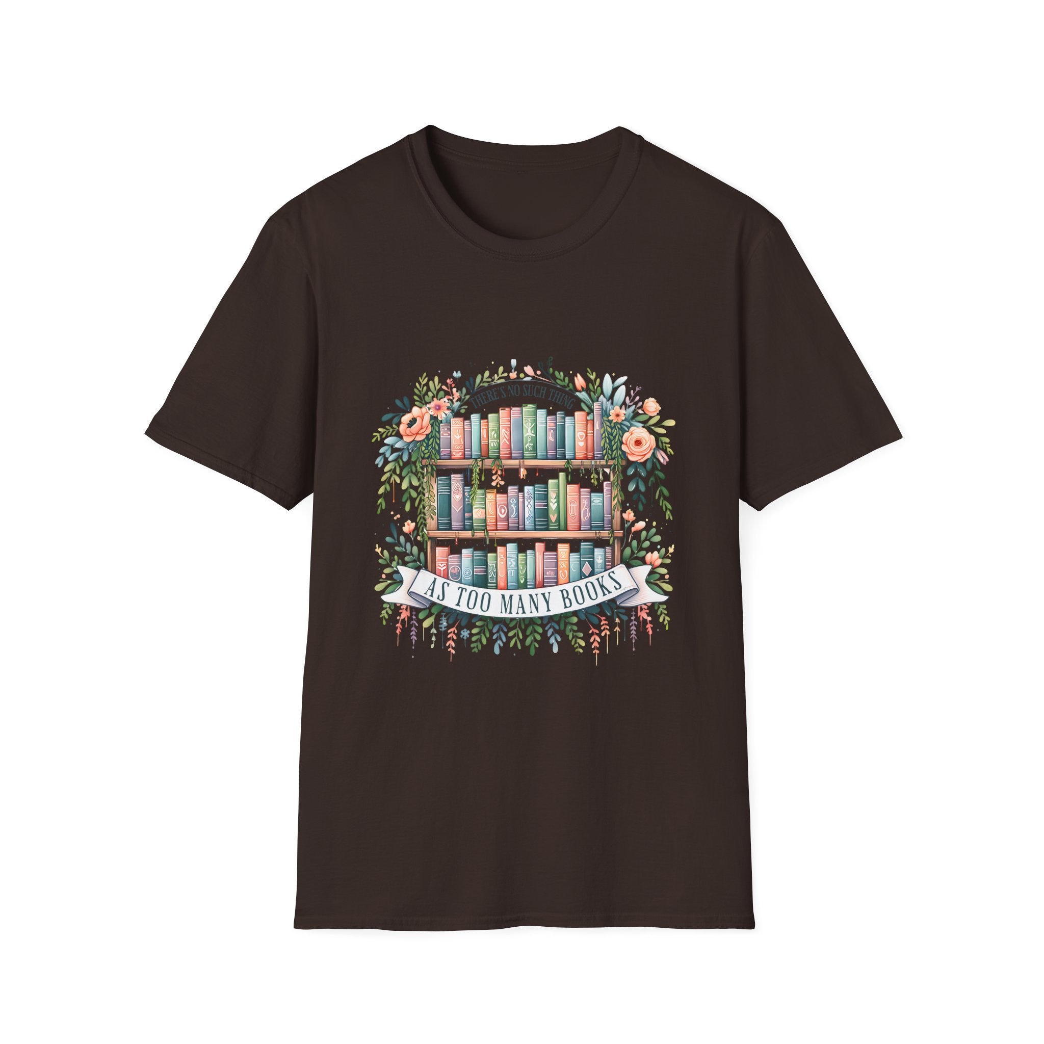 Booklover T-Shirt — Floral Bookshelf "Too Many Books" Graphic Tee