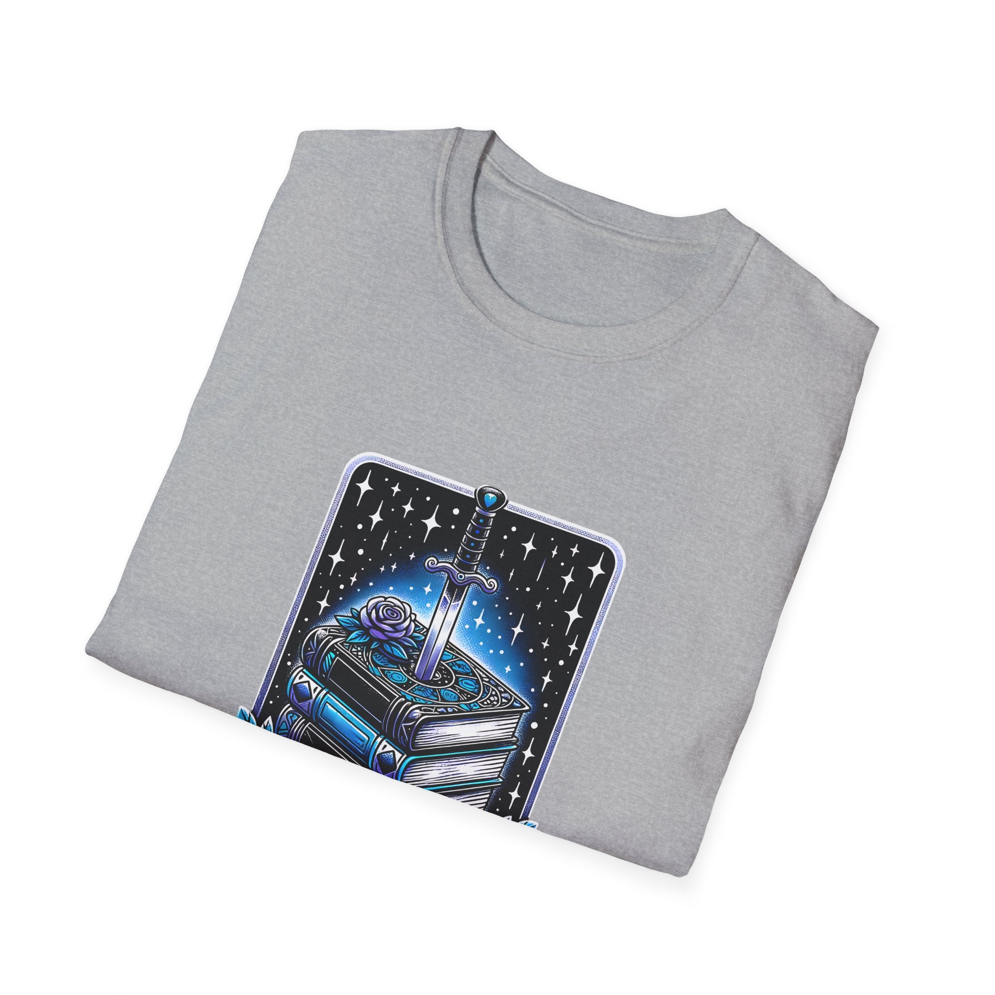 Fantasy Book Club T-Shirt — Stacked Books & Sword Night Sky Design