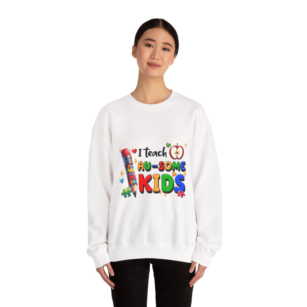Teacher Crewneck Sweatshirt — “I Teach Au-some Kids” Colorful Autism Awareness Design