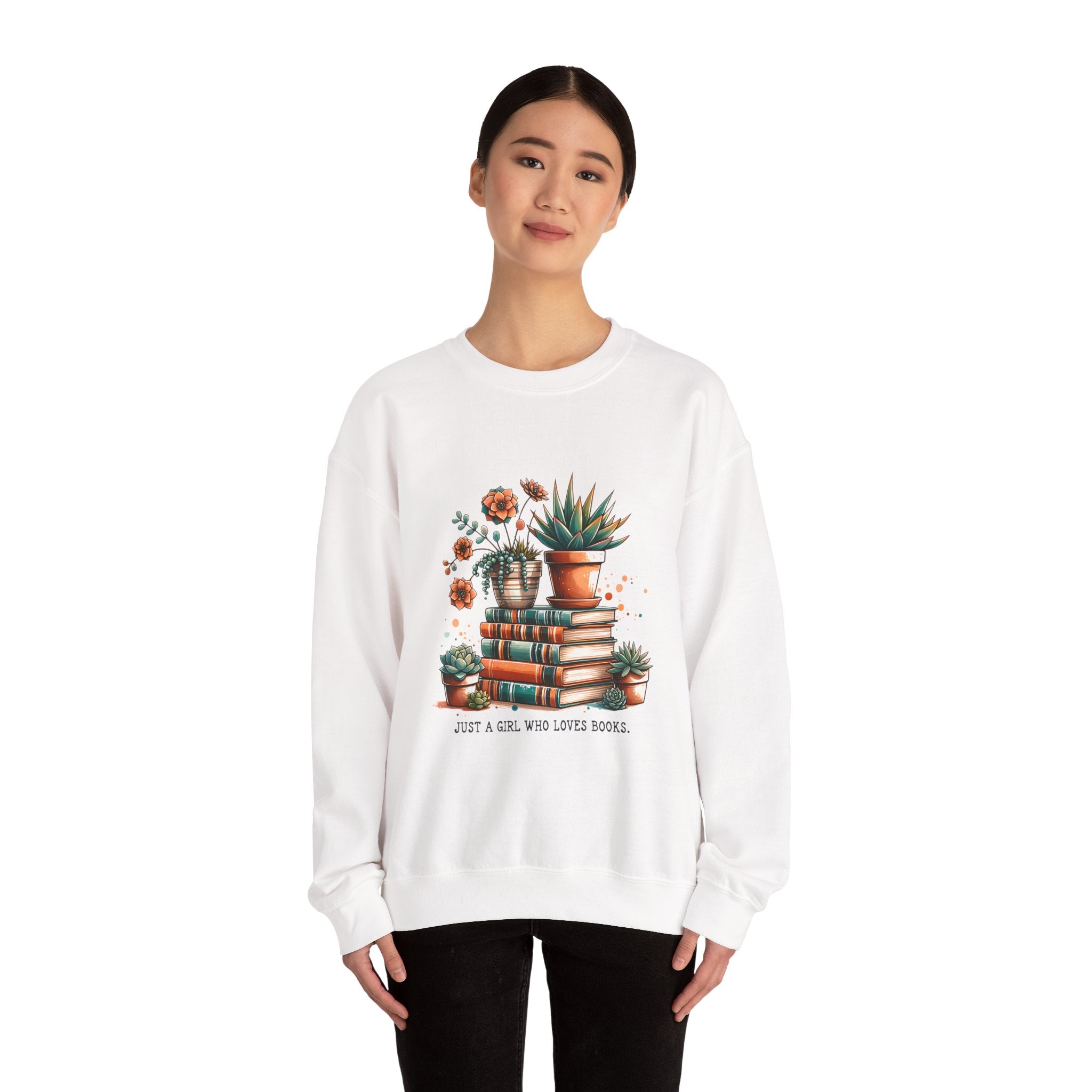 Booklover Sweatshirt — “Just a Girl Who Loves Books” Floral Plants & Stacks Crewneck