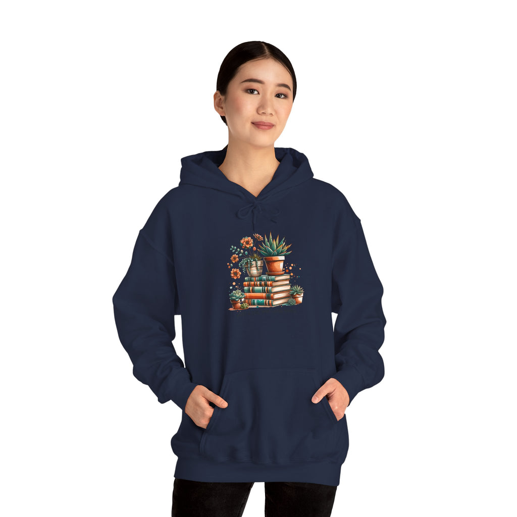 Plant Lover Hoodie – 'Plant Lady With Books' Cozy Botanical Pullover