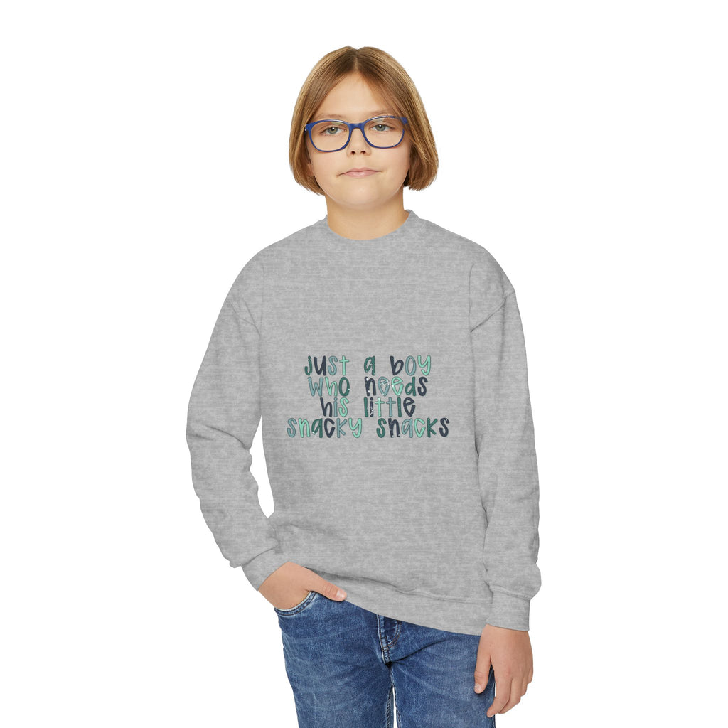 Youth Sweatshirt — "Just a Boy Who Needs His Little Snacky Snacks" Graphic