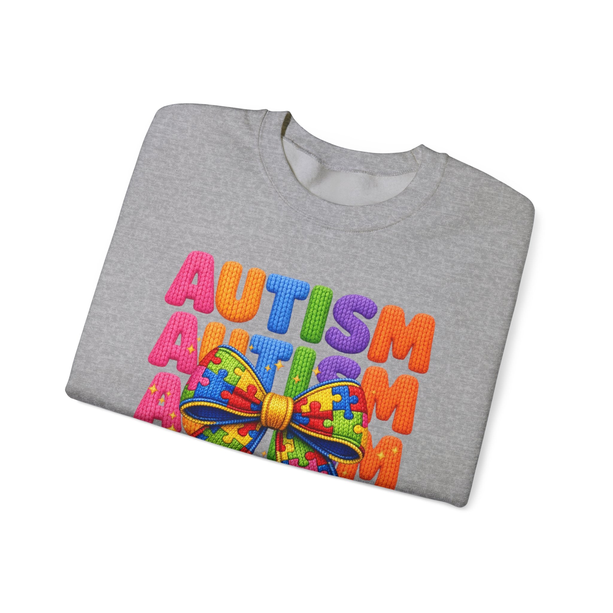 Autism Awareness Crewneck Sweatshirt — Colorful Puzzle Bow Design