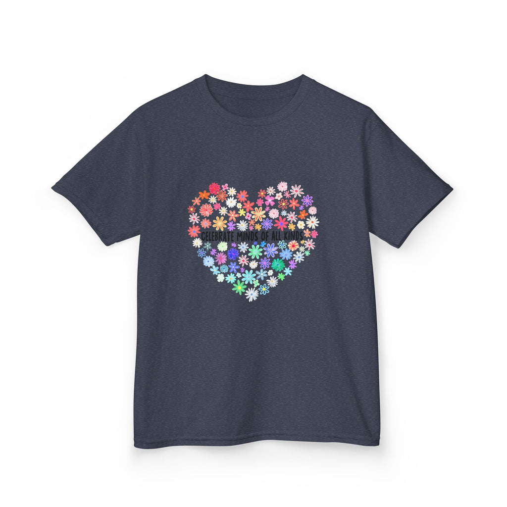 Kids T-Shirt — "Celebrate Minds of All Kinds" Rainbow Flower Heart