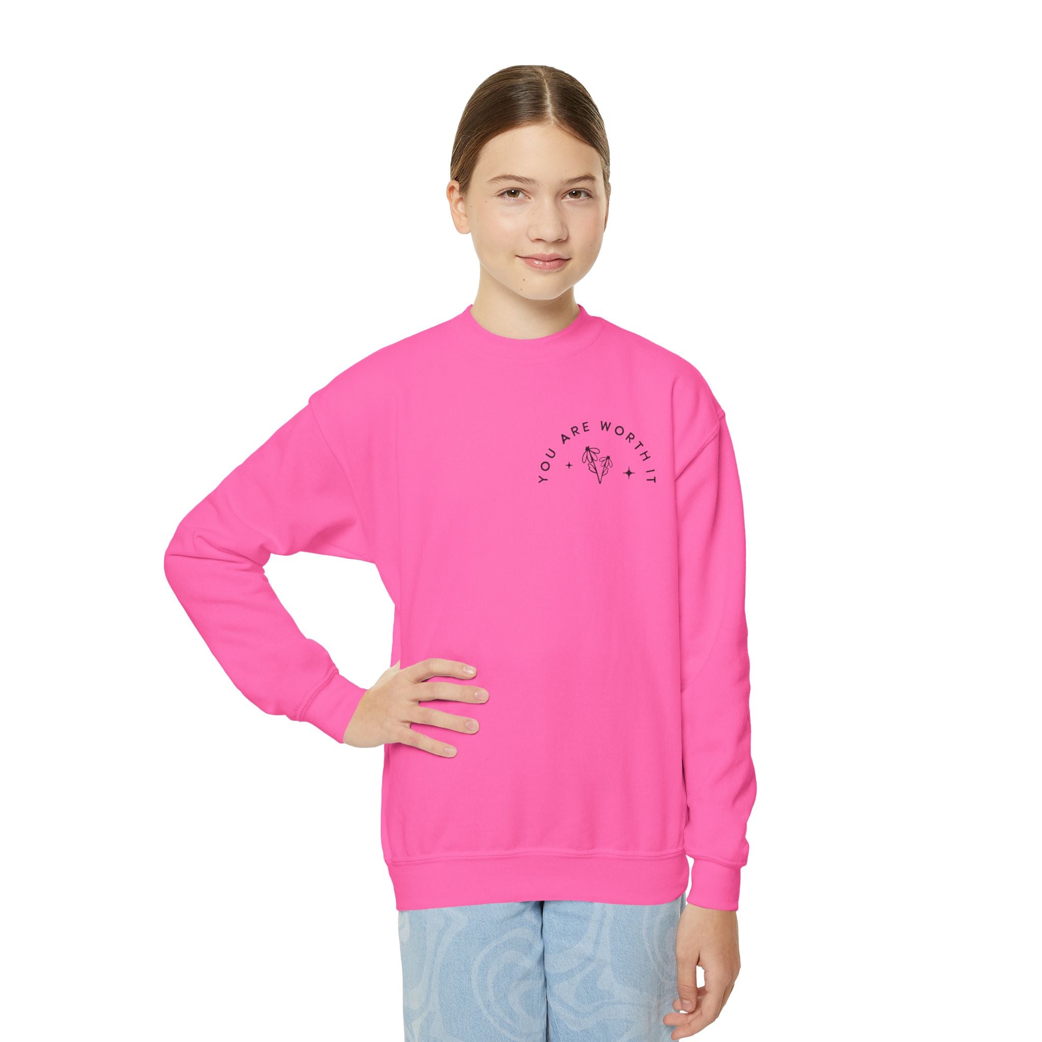 Youth Crewneck Sweatshirt — "You Are Worthy" Floral Graphic Sweatshirt