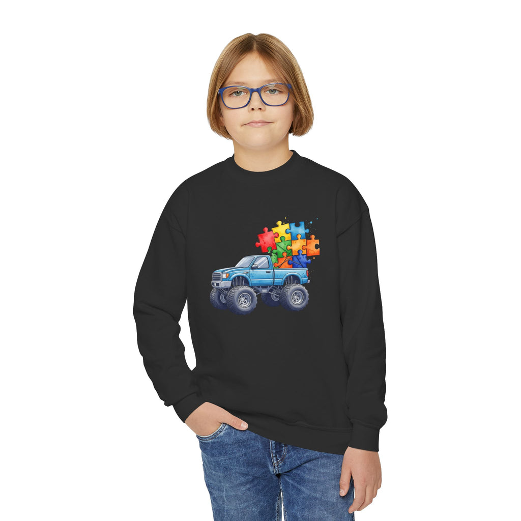 Kids Monster Truck Sweatshirt with Colorful Puzzle Pieces – Autism Awareness Crewneck