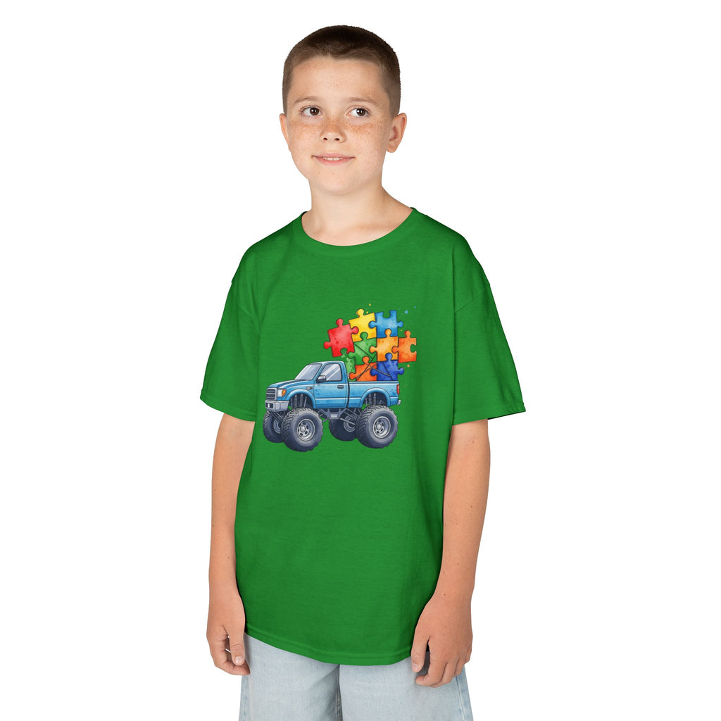 Kids Monster Truck Autism Awareness T‑Shirt — Puzzle Piece Ride