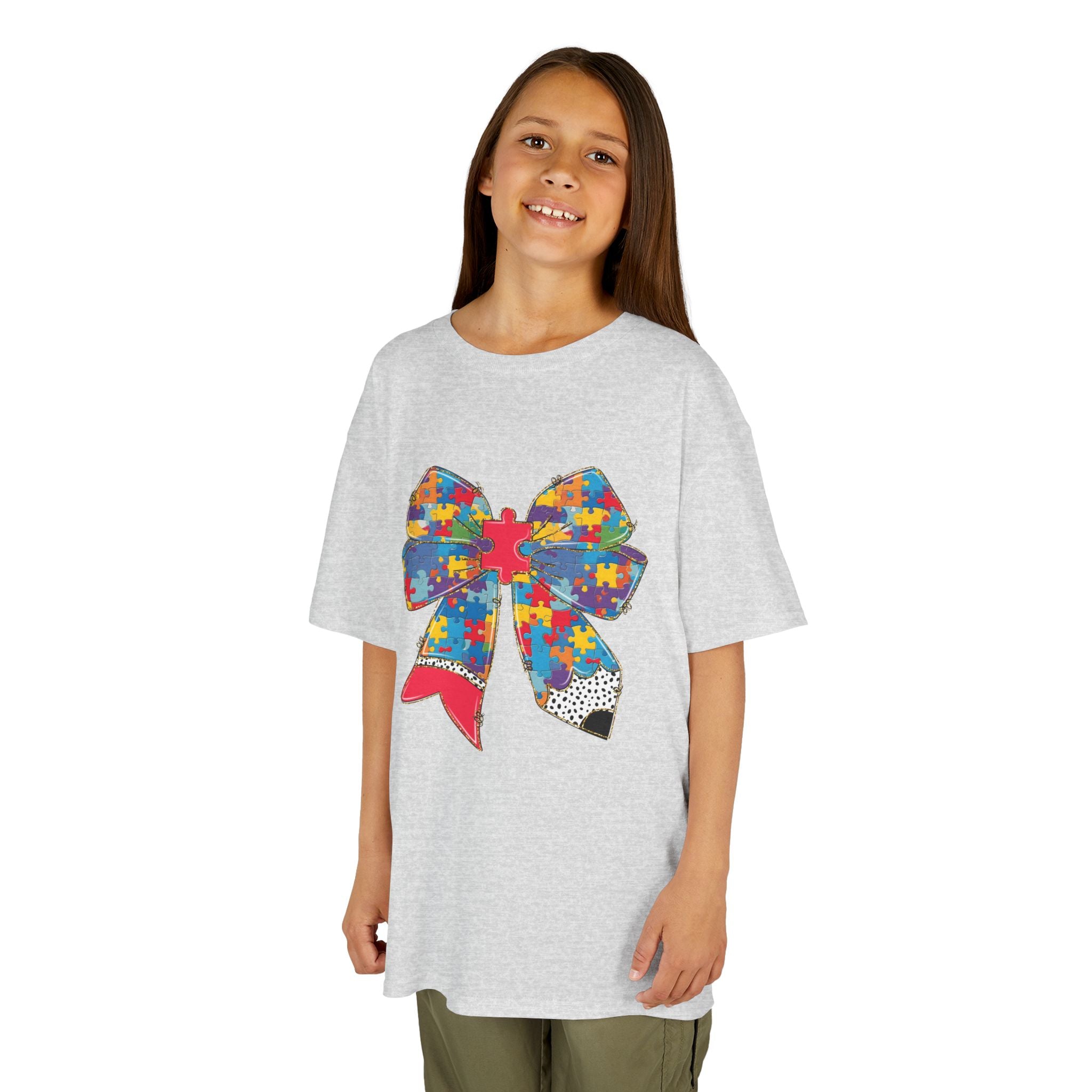 Autism Awareness Puzzle Bow Kids T‑Shirt – Autism Acceptance Gift