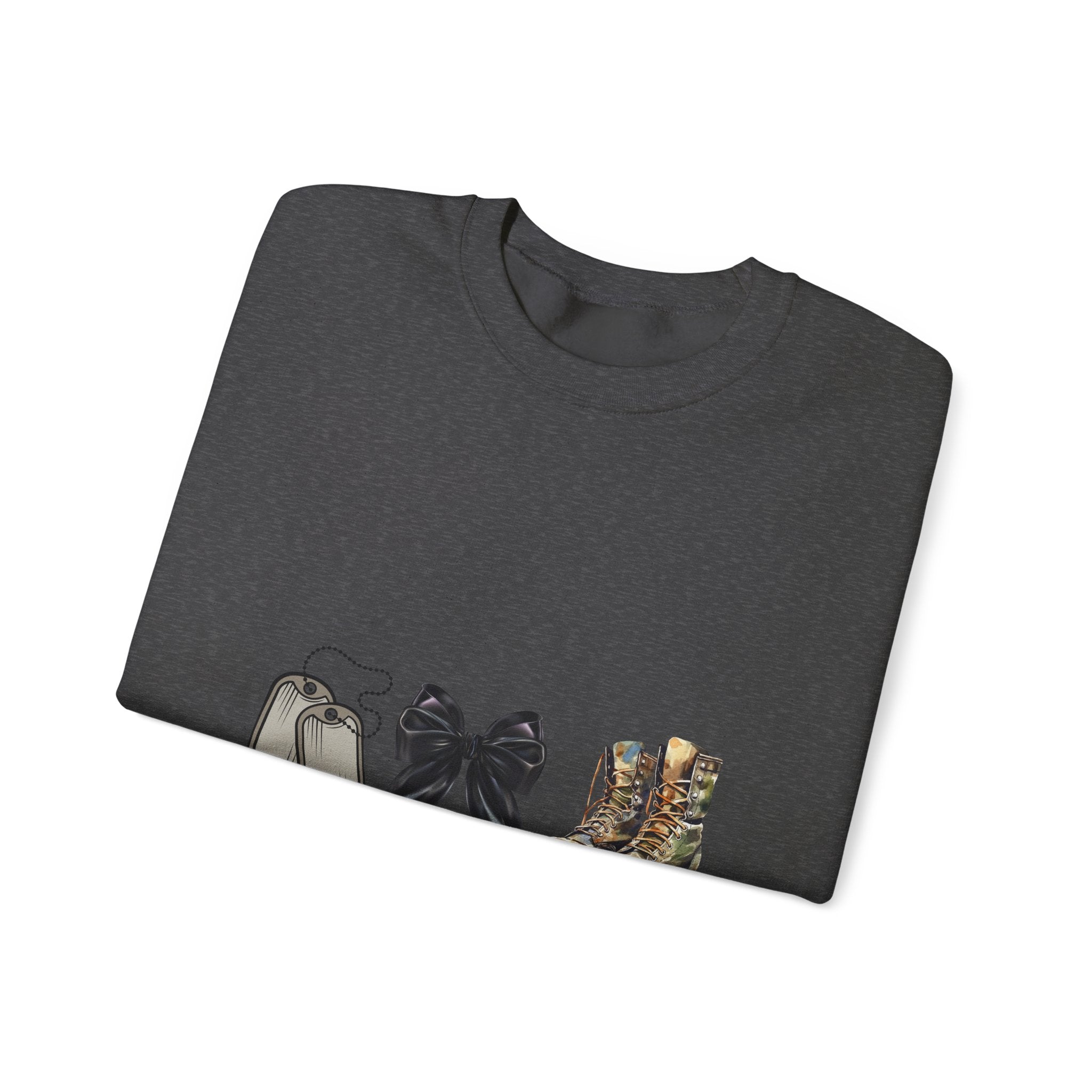 Crewneck Sweatshirt — "He's Working" Graphic with Boots, Bow & Baby Shoes