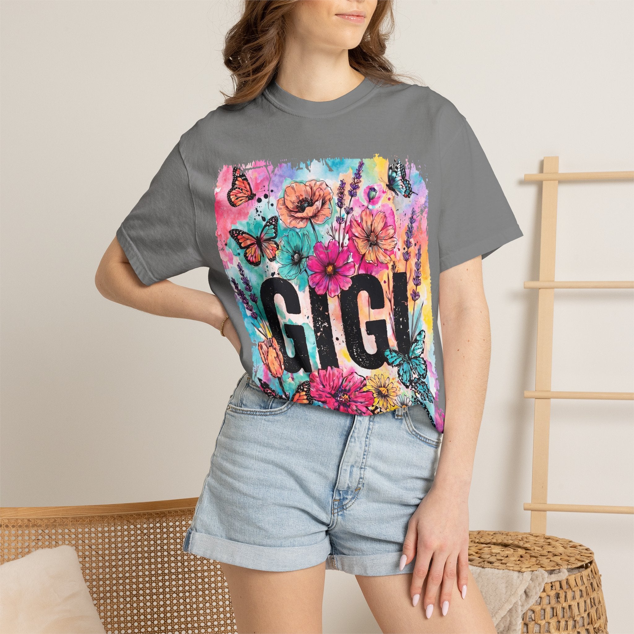 Gigi Floral Graphic T-Shirt — Colorful Butterflies & Flowers Gift Tee