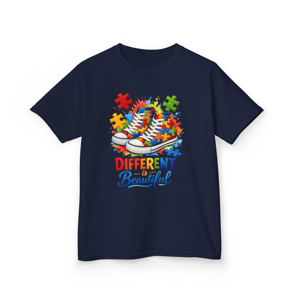 Kids T‑Shirt — 'Different Beautiful' Autism Awareness Sneakers Design