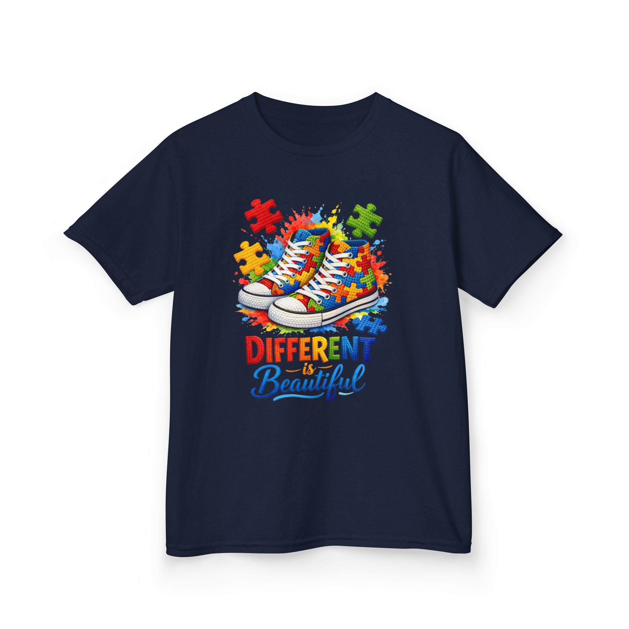 Kids T‑Shirt — 'Different Beautiful' Autism Awareness Sneakers Design