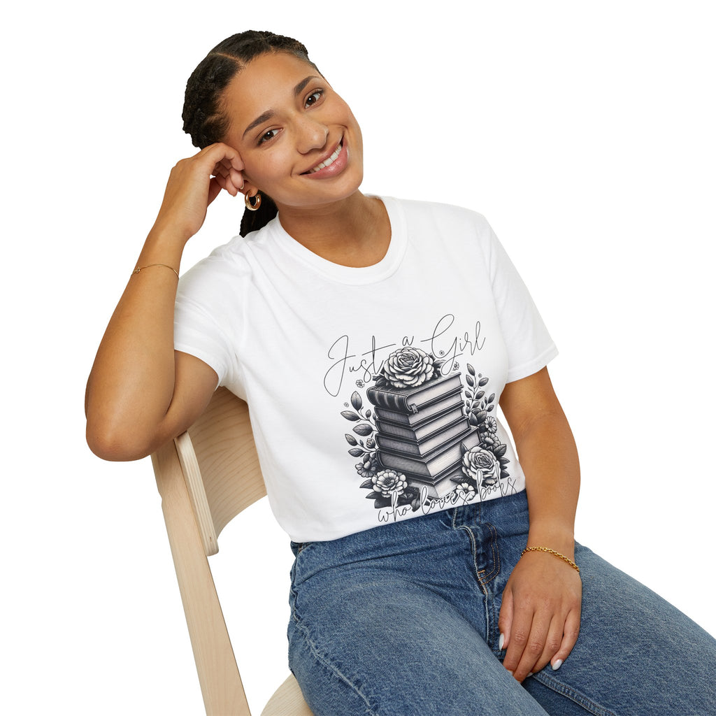 Book Lover T-Shirt — "Just a Girl Who Loves Books" Floral Stack Design