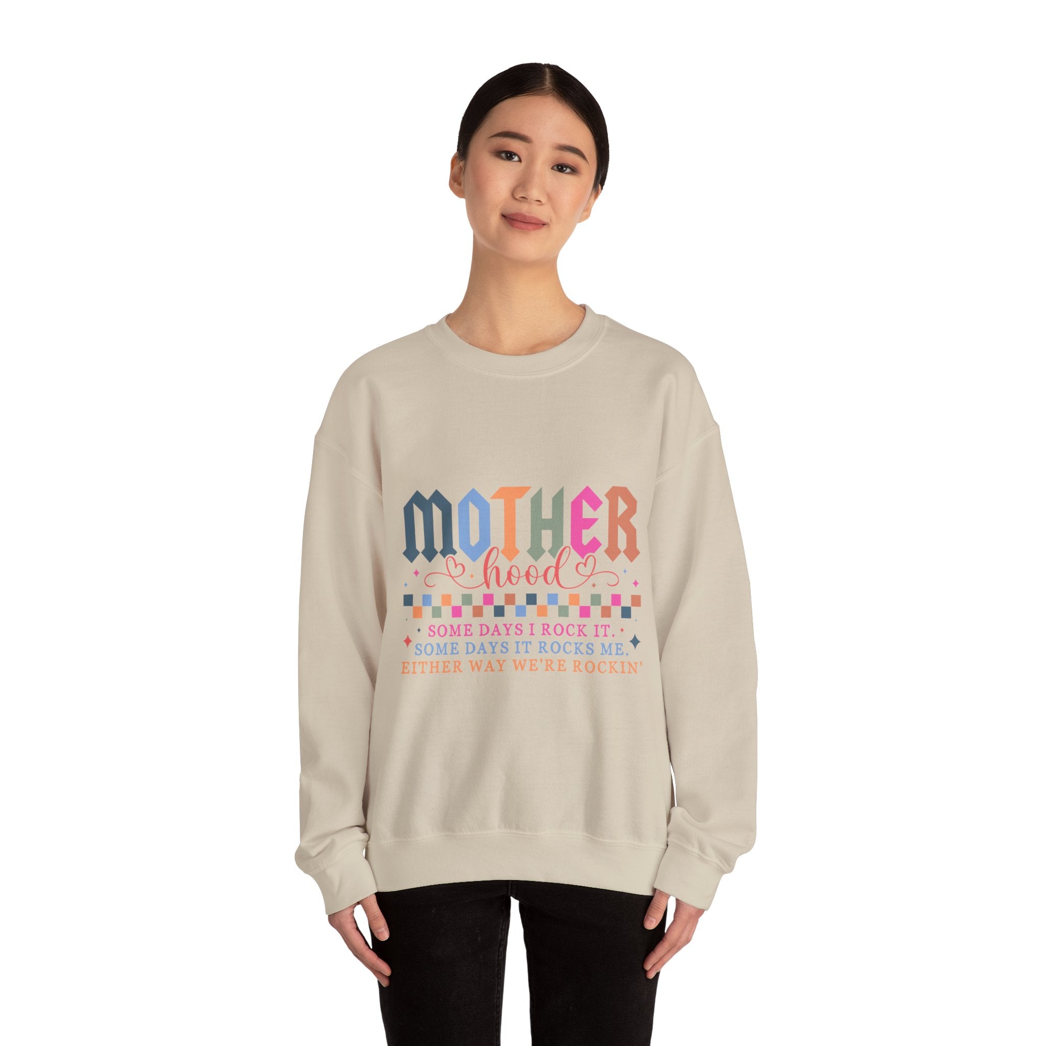 Motherhood Crewneck Sweatshirt — 'Mother Hood' Retro Colorful Mom Pullover