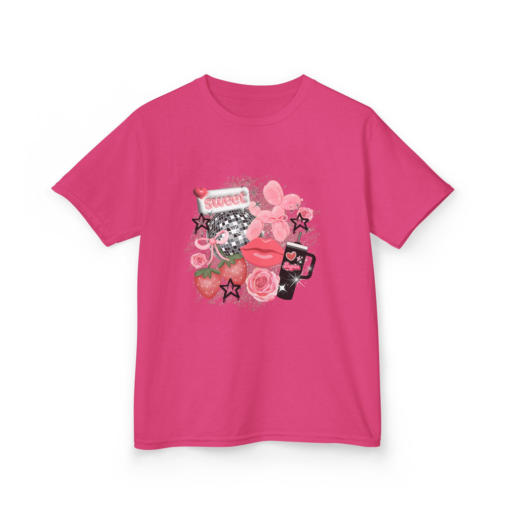 Kids Tee — Pink Floral Sticker Collage (Strawberries, Lips & Gadgets)