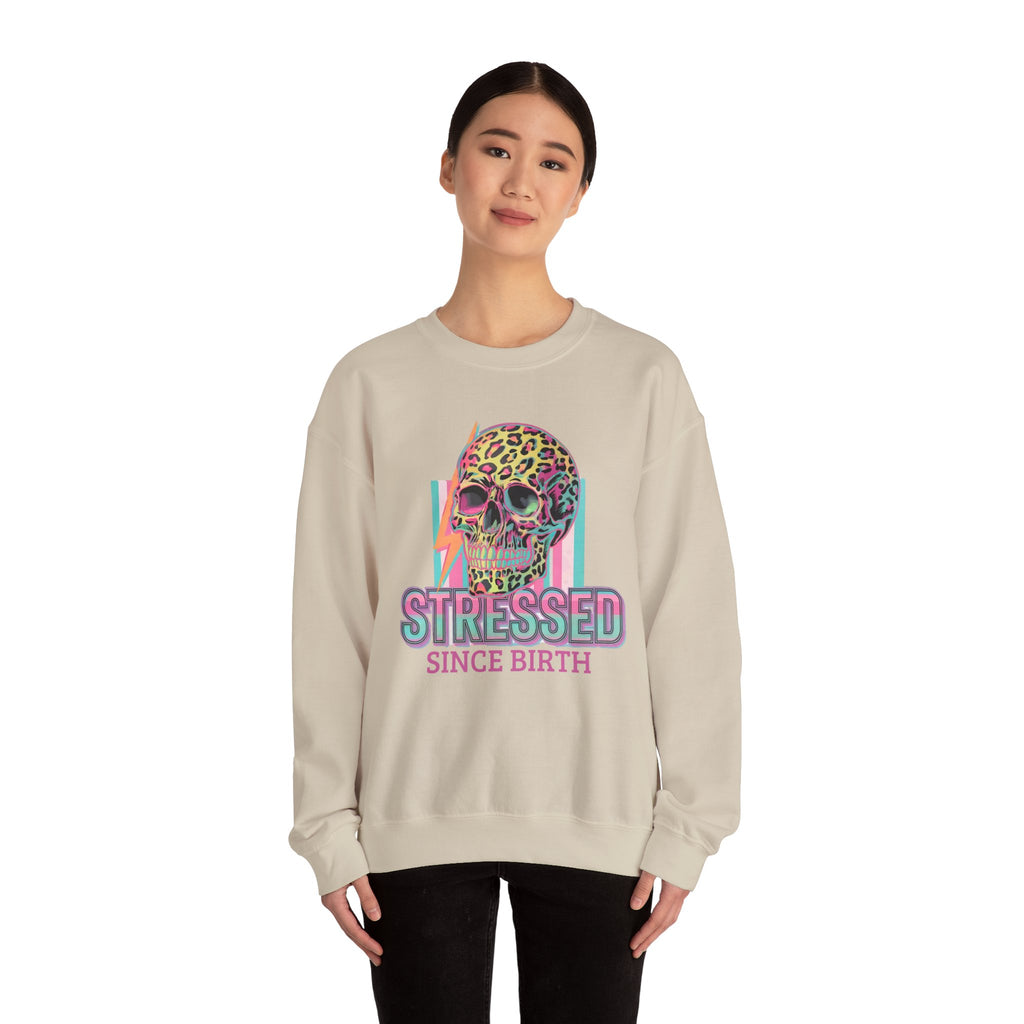 Stressed Since Birth Skull Crewneck Sweatshirt — Retro Neon Leopard Skull Pullover