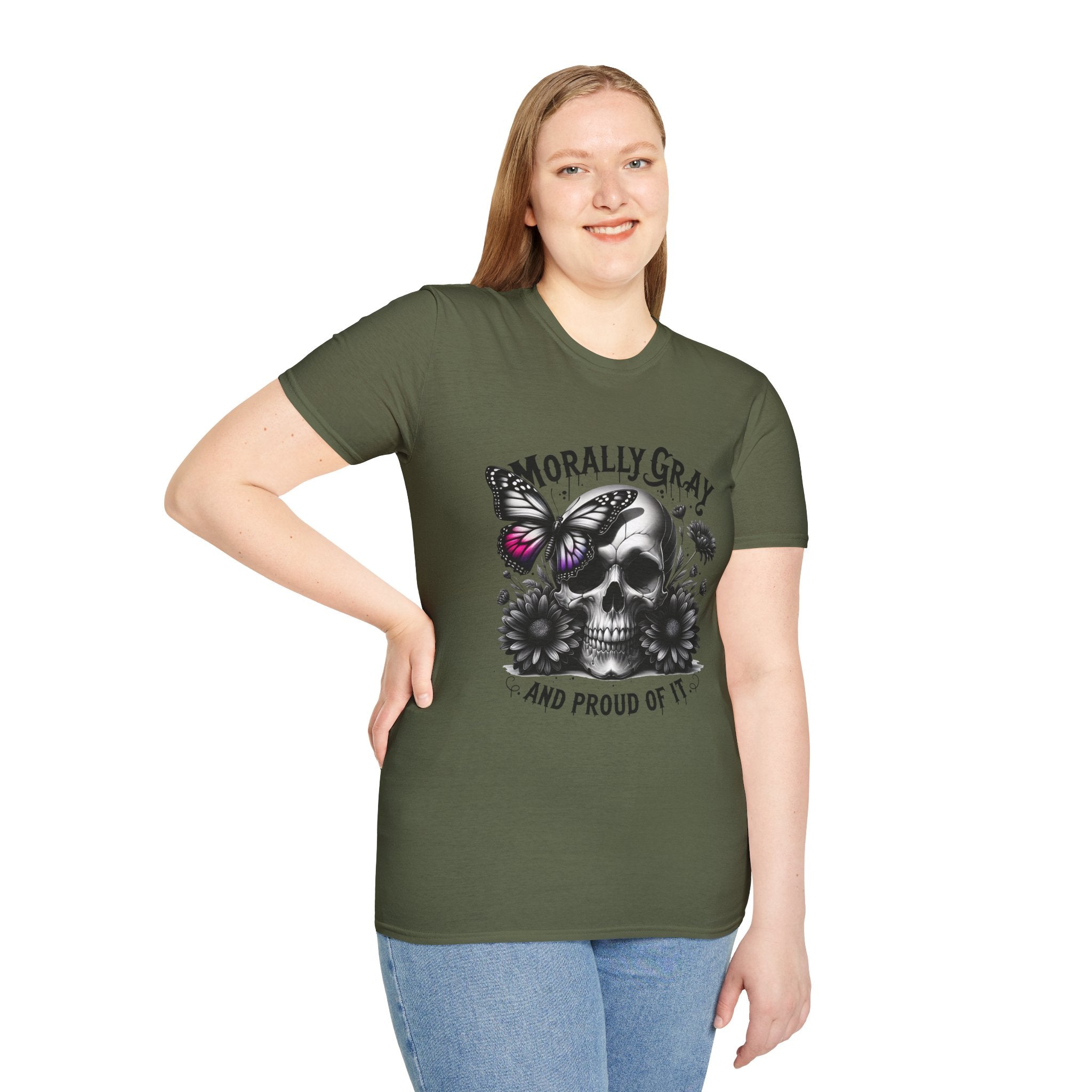 Morally Gray Skull T-Shirt — "Morally Gray and Proud of It" Gothic Butterfly Tee