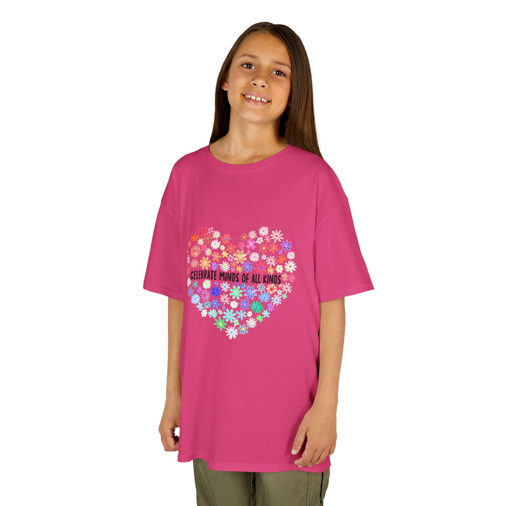 Kids T-Shirt — "Celebrate Minds of All Kinds" Rainbow Flower Heart