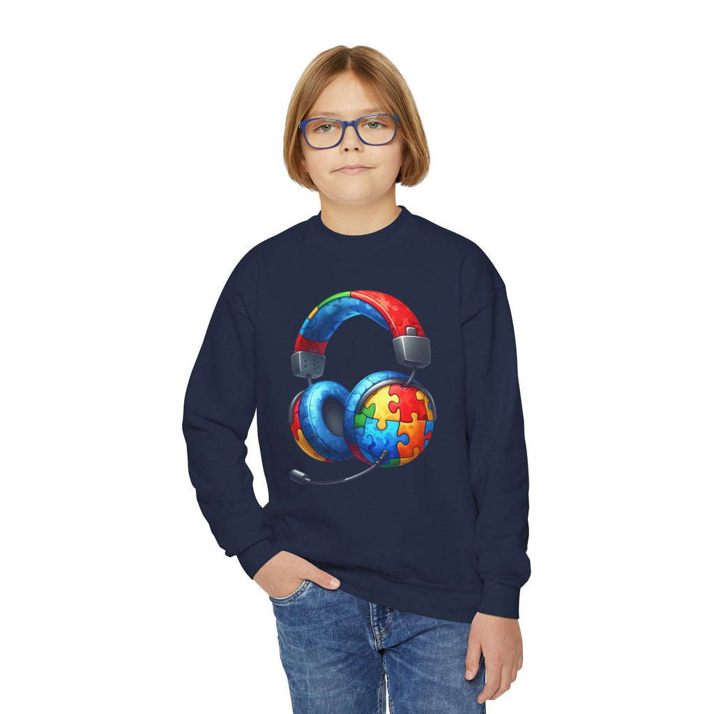 Youth Crewneck Sweatshirt — Colorful Headphones with Puzzle Heart Graphic (Autism Awareness)