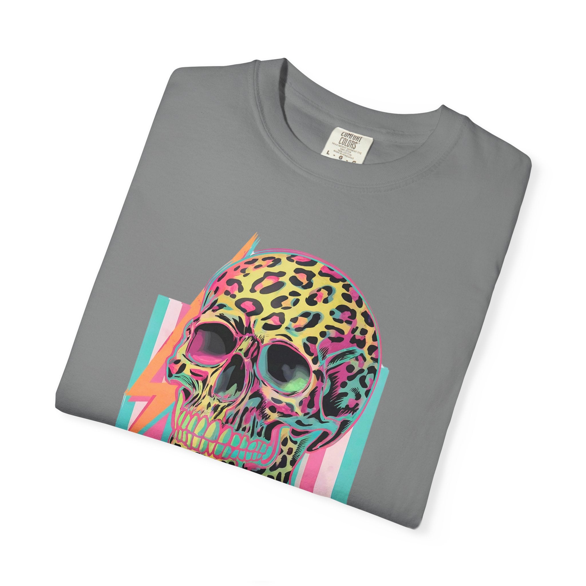 Stressed Since Birth T-Shirt — Neon Leopard Skull Graphic Tee