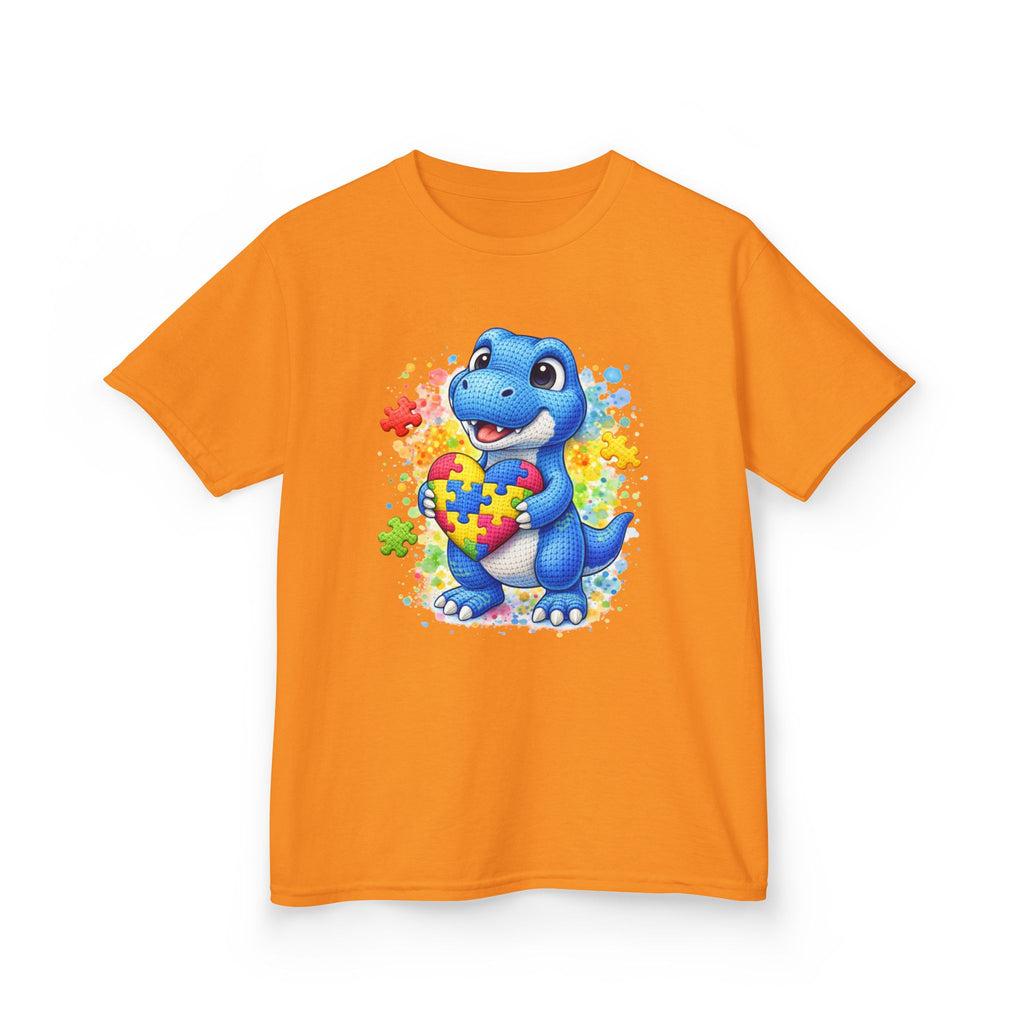Kids T‑Shirt — Cute Blue Dinosaur Holding Puzzle Heart (Autism Awareness)