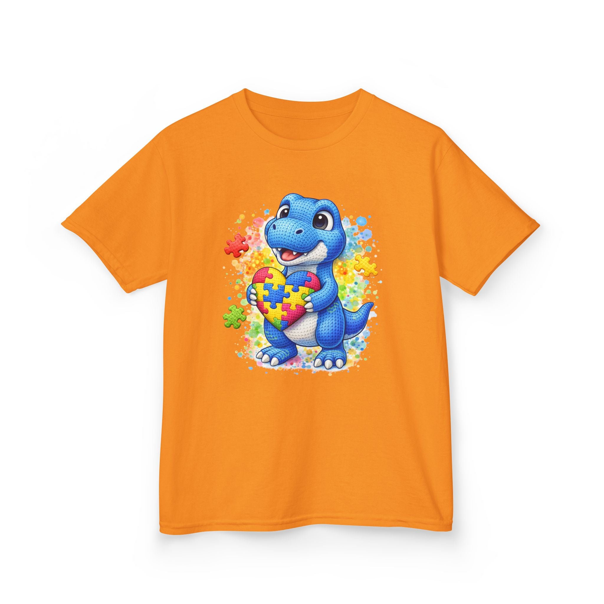 Kids T‑Shirt — Cute Blue Dinosaur Holding Puzzle Heart (Autism Awareness)
