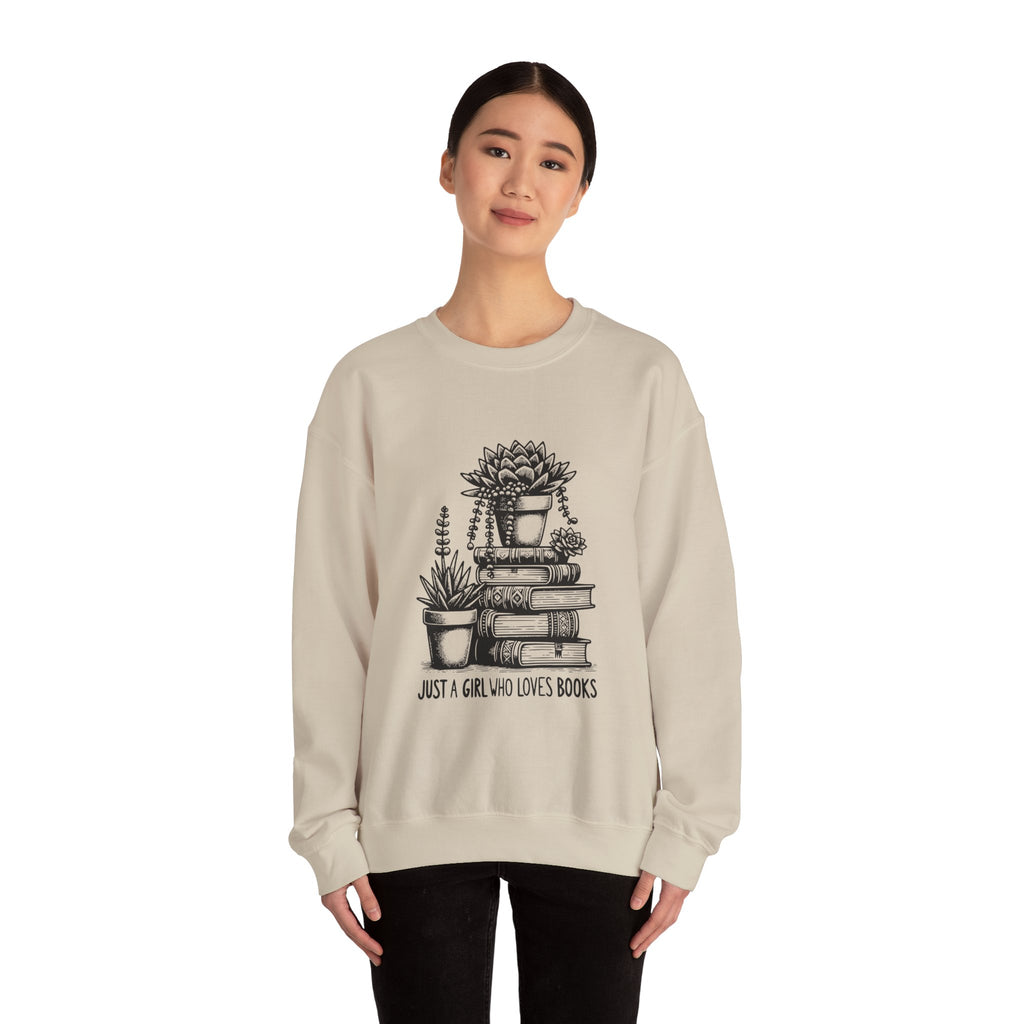 Book Lover Sweatshirt — “Just a Girl Who Loves Books” Cozy Crewneck with Succulent Stack Design