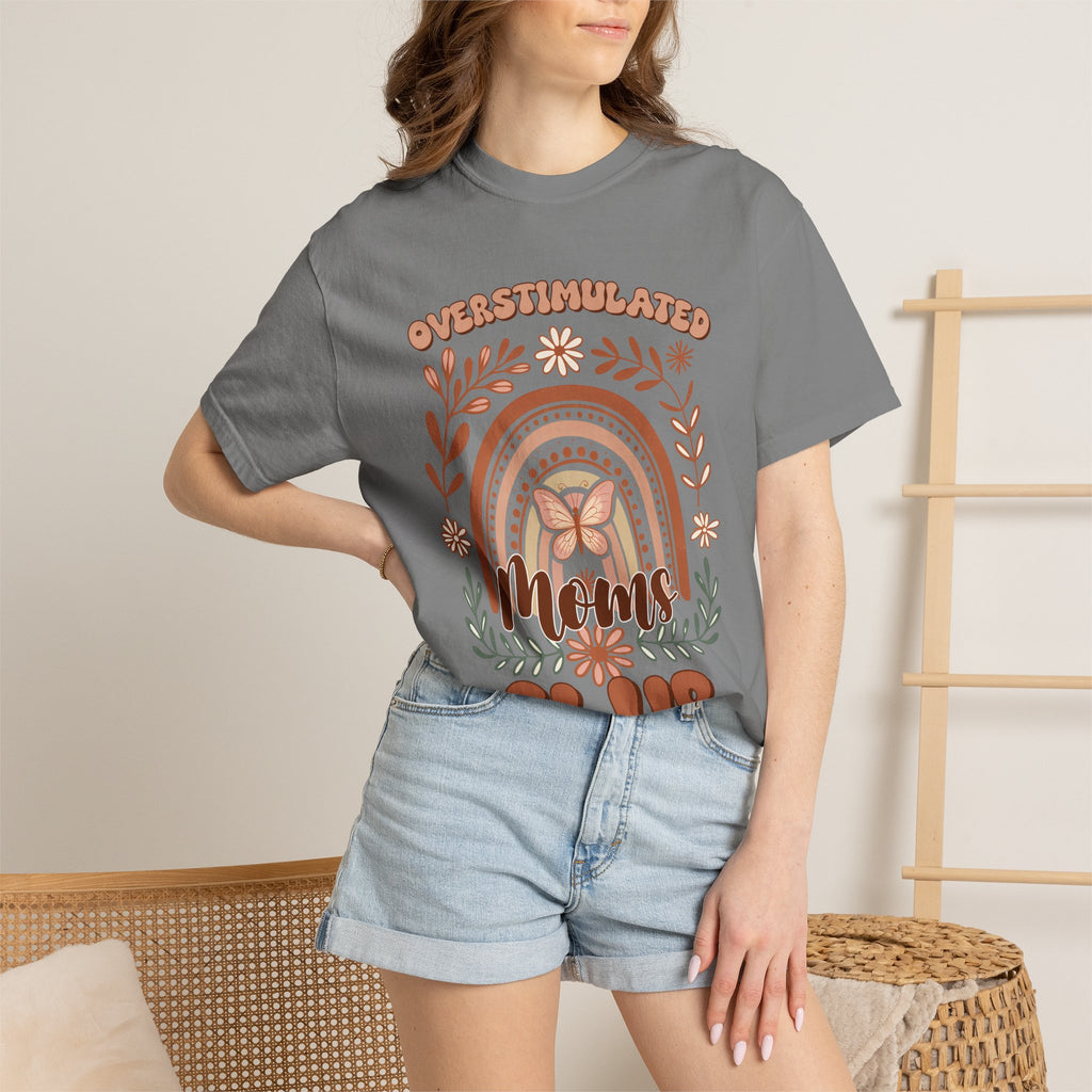 Moms Club Tee — "Overstimulated" Retro Floral Rainbow Mother's Day Shirt