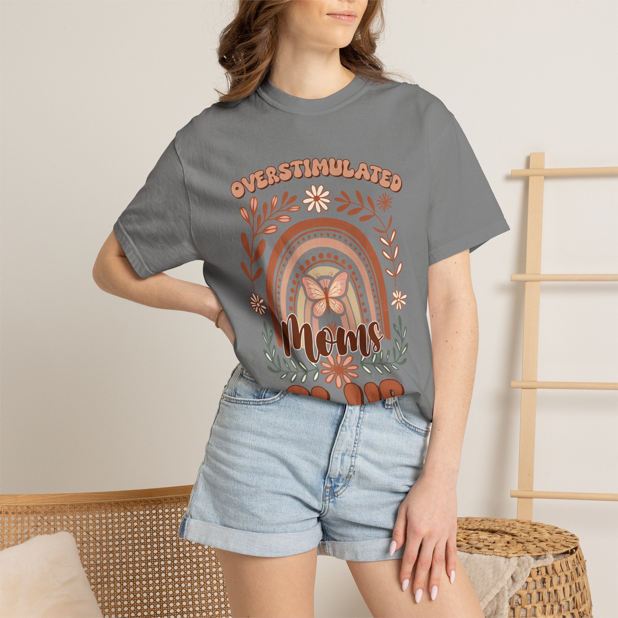 Moms Club Tee — "Overstimulated" Retro Floral Rainbow Mother's Day Shirt