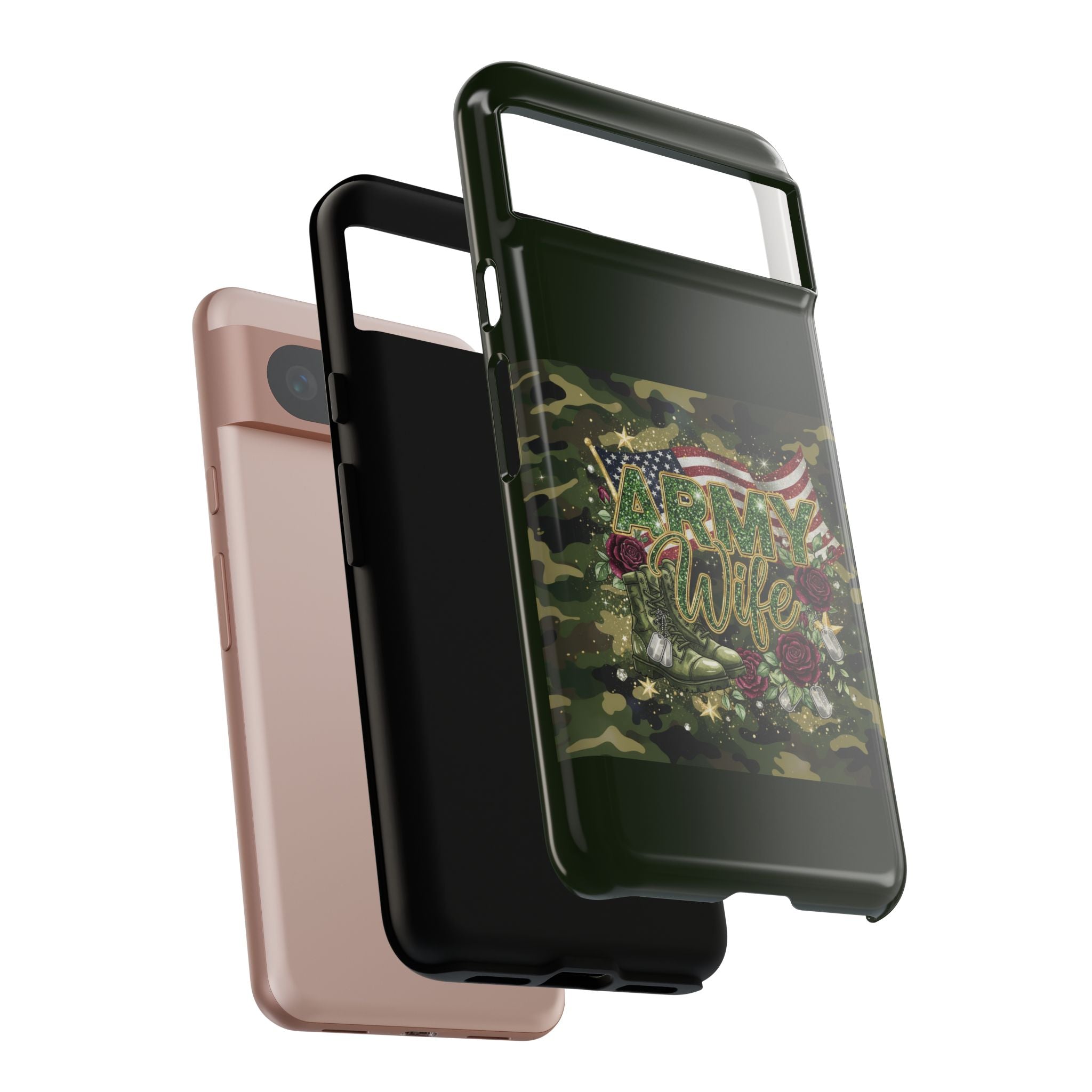 Army Wife Tough Phone Case — Camo Flag Design with Roses