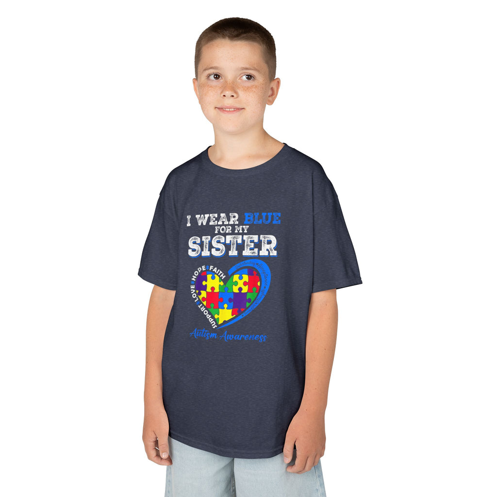 Autism Awareness Kids Tee — "I Wear Blue For My Sister" Puzzle Heart