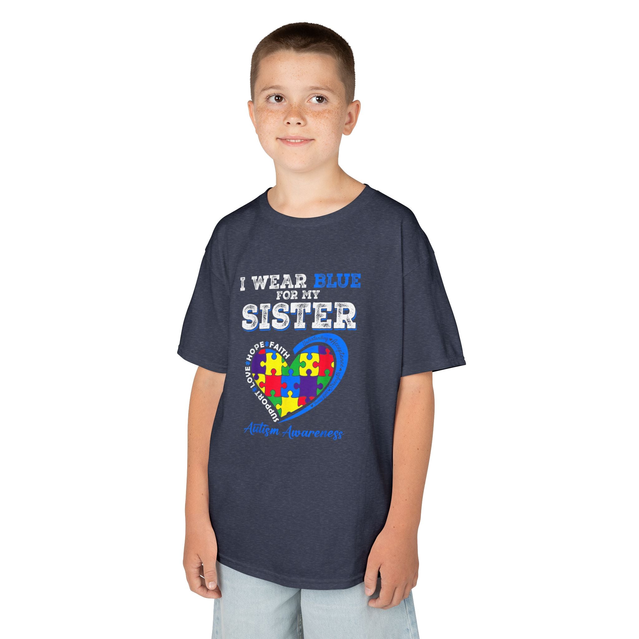 Autism Awareness Kids Tee — "I Wear Blue For My Sister" Puzzle Heart