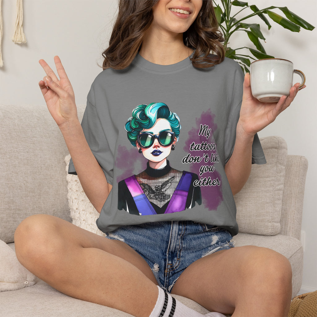 Graphic T-Shirt — Retro Punk Portrait with “My Tattoos Don’t Like You Either” Slogan
