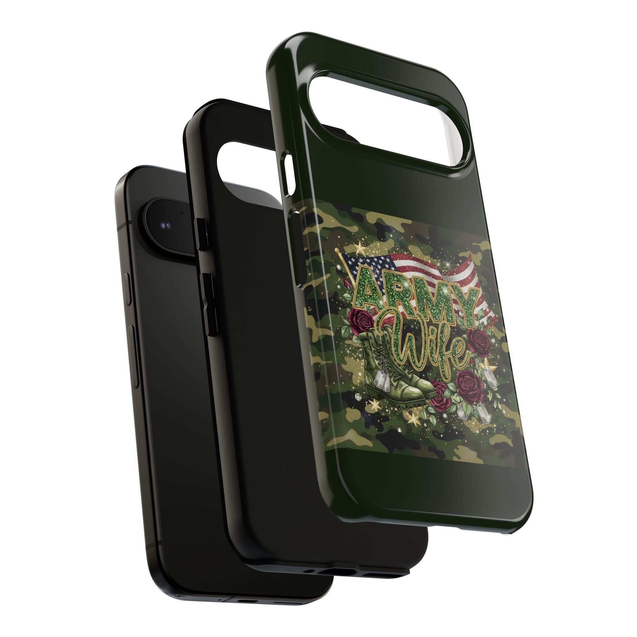 Army Wife Tough Phone Case — Camo Flag Design with Roses
